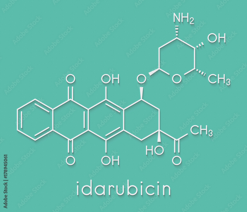 Idarubicin cancer drug molecule. Skeletal formula. Idarubicin cancer drug molecule. Skeletal formula.