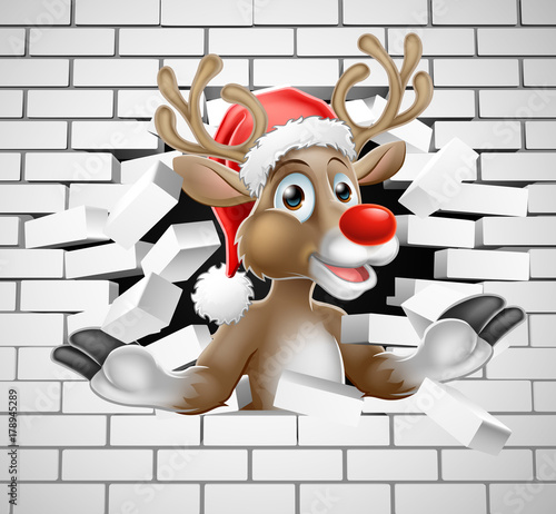 Reindeer in Santa Hat Cartoon Breaking Brick Wall