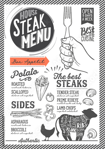 Steak menu restaurant, food template.