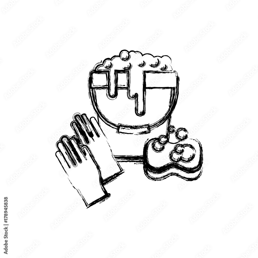 gloves and bucket with water and soap detergent and sponge in monochrome blurred silhouette gloves and bucket with water and soap detergent and sponge in monochrome blurred silhouette