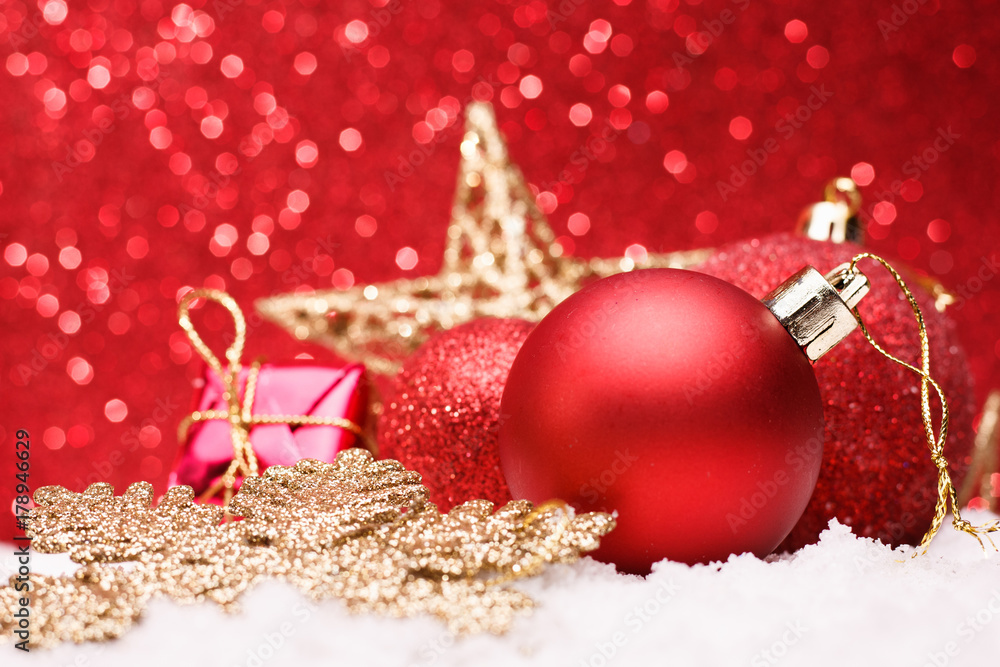 Christmas composition of Christmas tree toys on a red background Christmas composition of Christmas tree toys on a red background