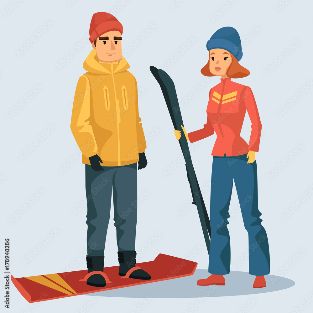 Woman with ski and man on snowboard