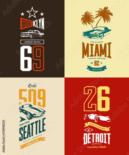 Vintage roadster, classic and sport car isolated vector t-shirt logo set.