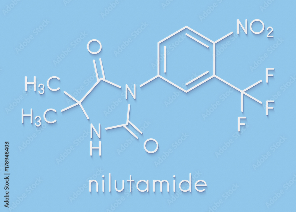 Nilutamide prostate cancer drug molecule (antiandrogen). Skeletal formula. Nilutamide prostate cancer drug molecule (antiandrogen). Skeletal formula.