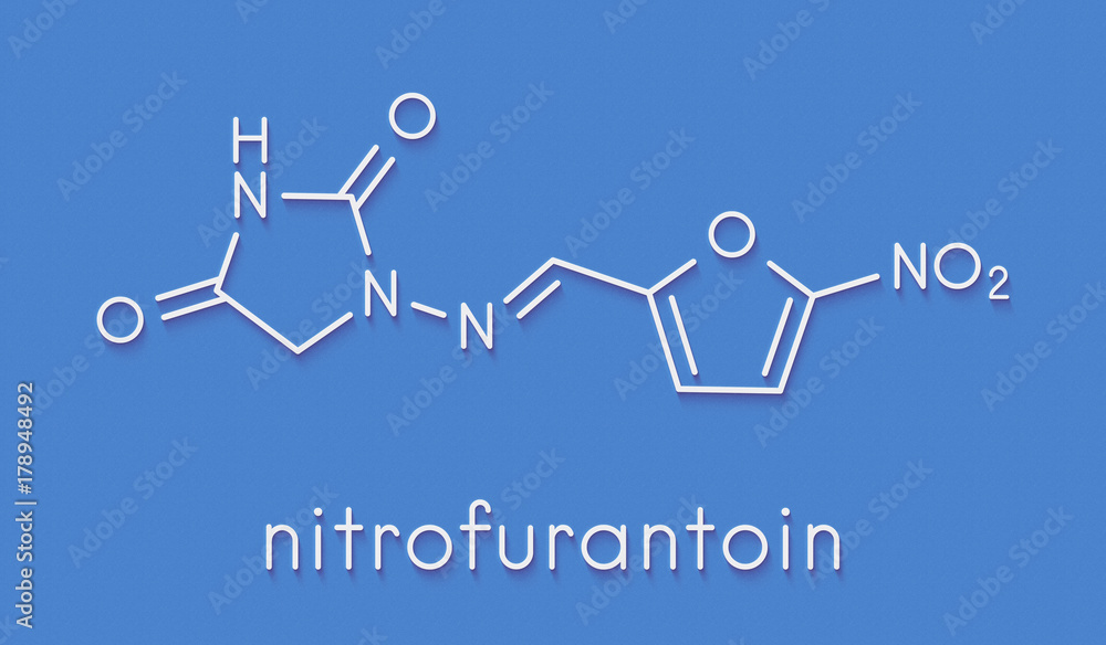 Nitrofurantoin antibiotic drug molecule. Used to treat urinary tract