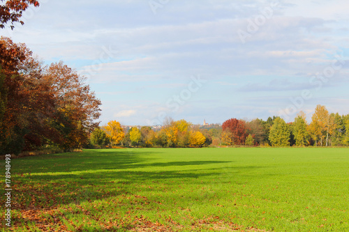 Grass field with autumn trees and village Hosin. Czech landscape