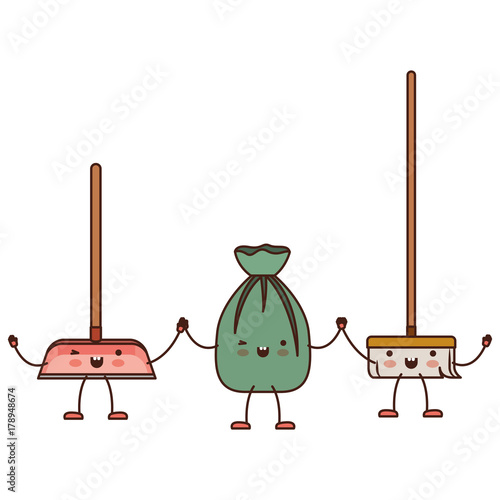 kawaii cartoon broom and garbage bag tied and dustpan holding hands in colorful silhouette