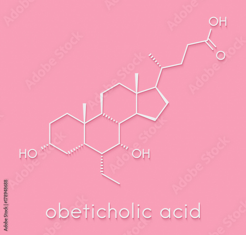 Obeticholic acid liver disease drug molecule. Agonist of farnesoid x receptor (FXR). Skeletal formula.