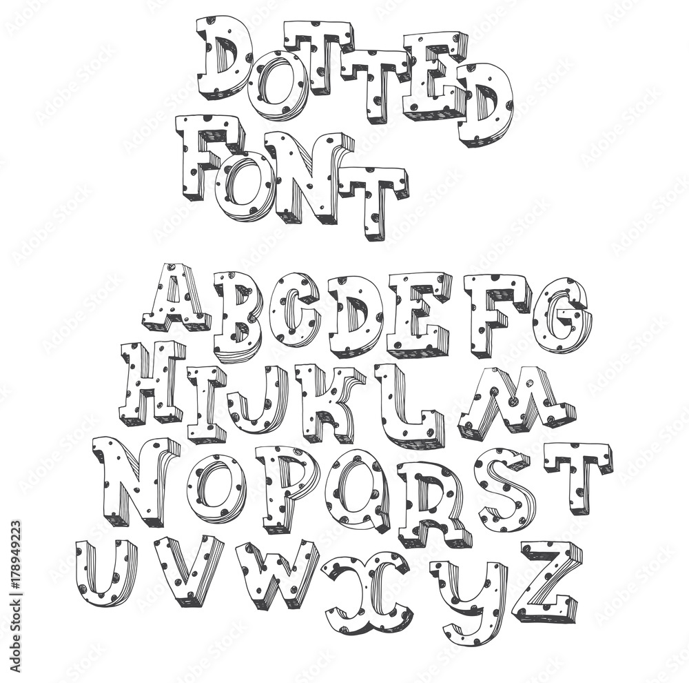 Dotted abc letters hand drawn with ink and decorated with lines and dots. English font good for writing titles and lettering