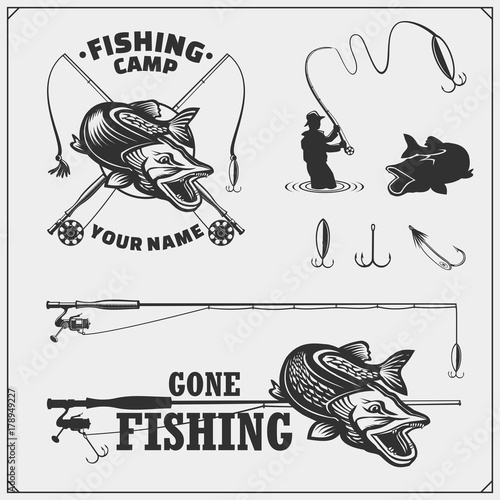 Set af fishing labels with a pike and fishing tackle. Fishing emblems and design elements.