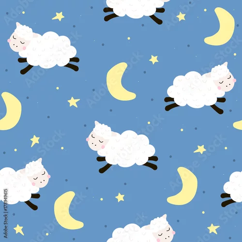 Tapeta Dobranoc wzór z cute owiec skaczących. Wektorowa ręka rysująca ilustracja.