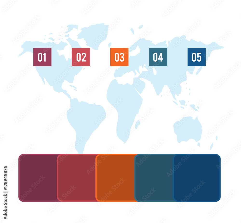 Fototapeta premium Colour squares with columns for the text on world map 5 positions