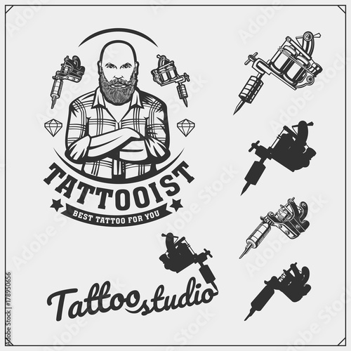 Tattoo salon emblem with professional equipment.