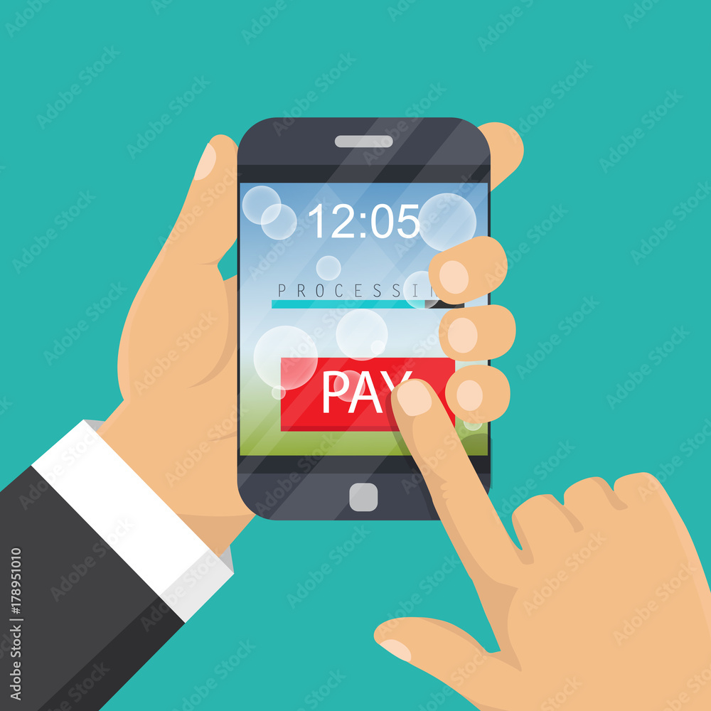Mobile payment concept. Hand holding a phone. Smartphone wireless money transfer. Flat design. Vector illustration Mobile payment concept. Hand holding a phone. Smartphone wireless money transfer. Flat design. Vector illustration