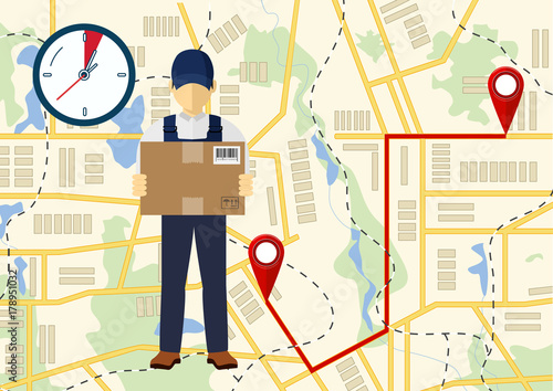 Vector illutration of fast delivery service. Express delivery courier service. Man courier with box in his hands.