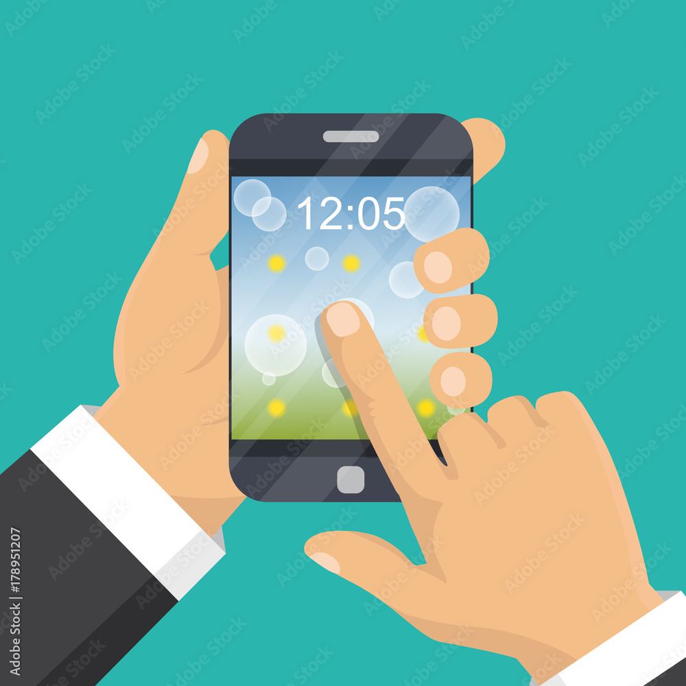 Hand holding smart phone. Business concept, flat design, vector Hand holding smart phone. Business concept, flat design, vector