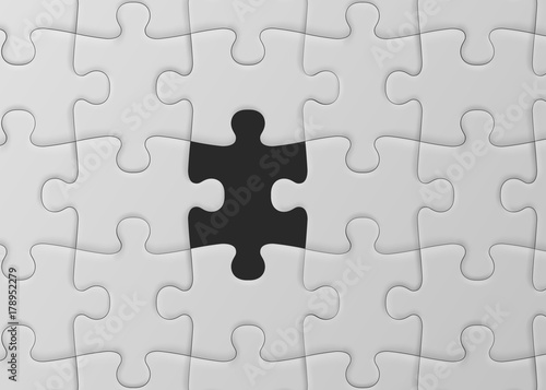 White jigsaw puzzle with missed piece. Solution concept.