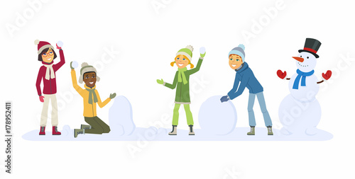 Happy international children play outdoors - cartoon people characters illustration