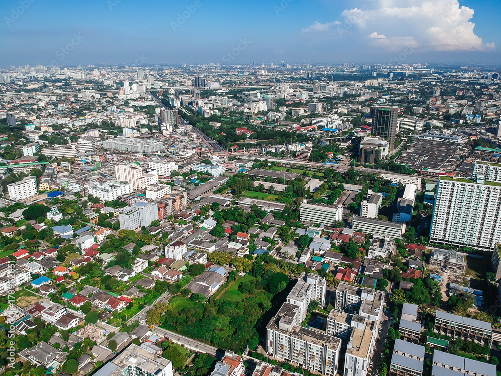 Top aerial view photo from drone of a developed Bangkok city with modern skyscrapers