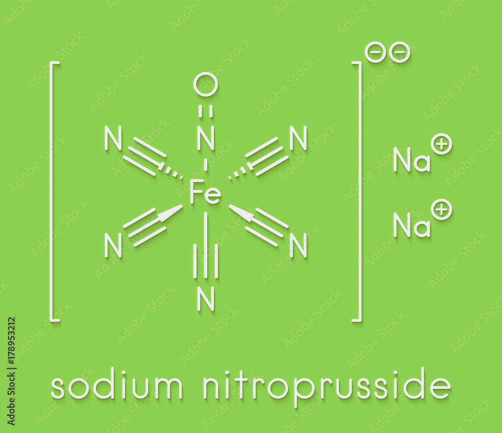 Sodium nitroprusside (SNP) antihypertensive drug molecule. Skeletal formula. Stock Illustration