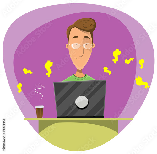 Young cartoon man using laptop