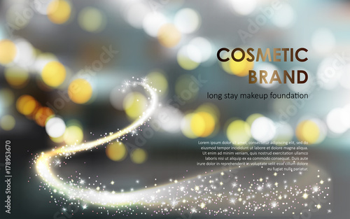 Advertising poster for cosmetic make up product, colorstay foundation, defocused gray background with luminous elements flow of sparkling golden sparkles sequins. Vector realistic design for packaging