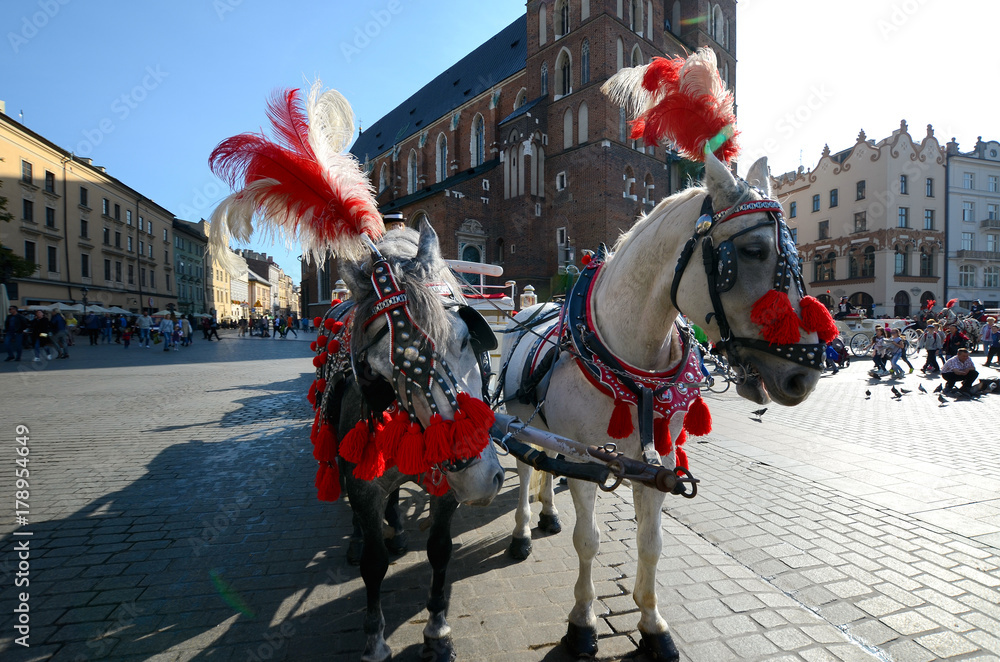 Cab on the main square - old town in Krakow, Poland