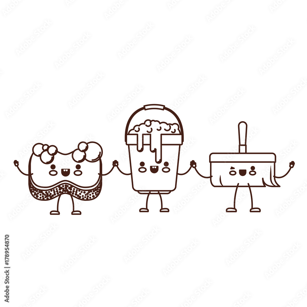 kawaii cartoon bucket with soapy water and sponge and broom holding hands in brown silhouette kawaii cartoon bucket with soapy water and sponge and broom holding hands in brown silhouette