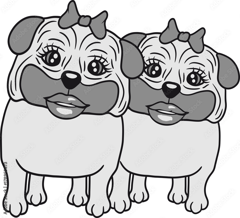 Obraz premium möpse 2 freundinnen team paar pärchen freunde weiblich schön hübsch frau mädchen girl mops klein dick hund welpe süß niedlich haustier comic cartoon