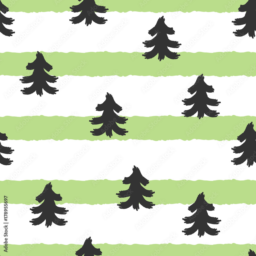 Obraz premium Silhouettes of trees on striped background. Seamless pattern for design New Year cards, gift paper, clothes, covers. Grunge, sketch, drawn by hand.