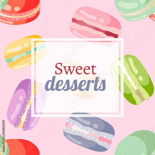Different macaroons sweets colorful background.