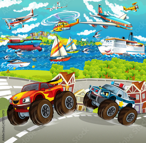 cartoon scene with happy police monster truck - ships and planes in the background - illustration for children