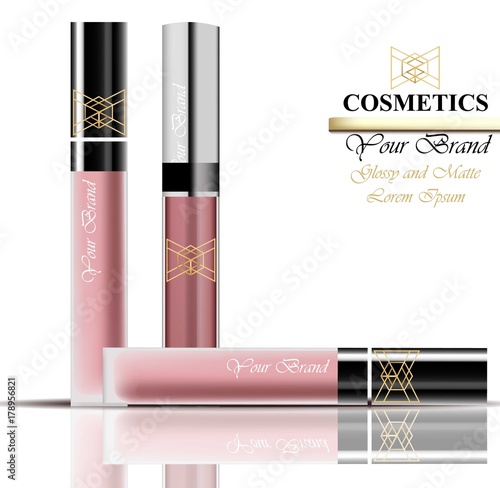 Colorful Realistick lipgloss package in gold. Vector detailed cosmetics product set collections