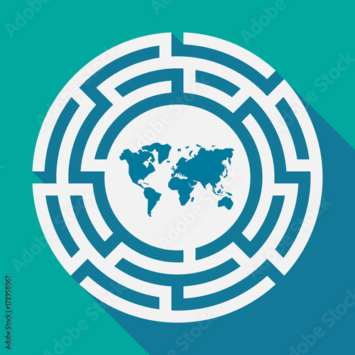 Long shadow labyrinth with a world map