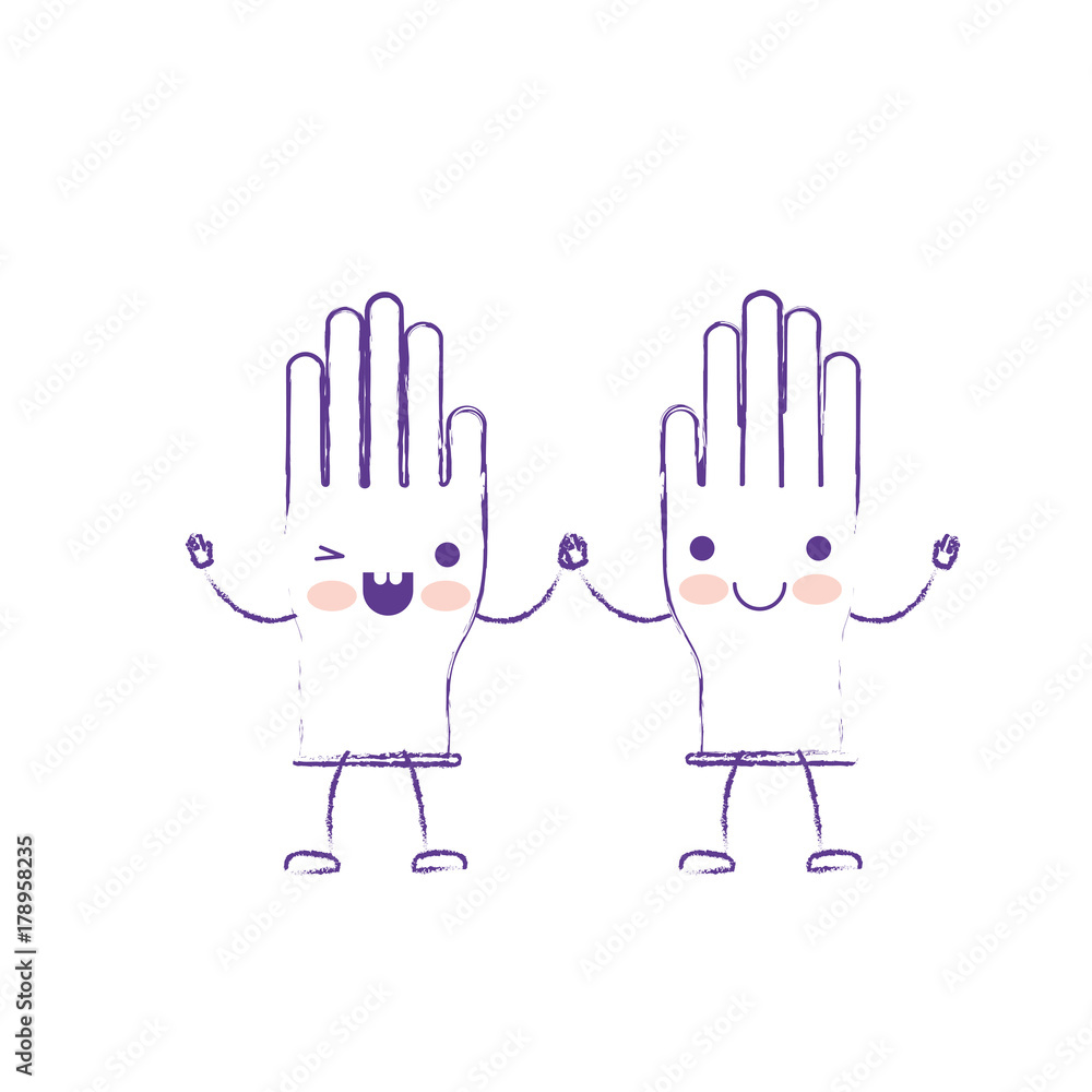 kawaii cartoon pair gloves holding hands in purple blurred silhouette - obrazy, fototapety, plakaty 