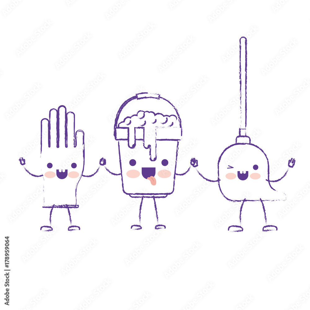 kawaii cartoon glove and bucket with soapy water and mop holding hands in purple blurred silhouette - obrazy, fototapety, plakaty 