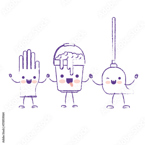 kawaii cartoon glove and bucket with soapy water and mop holding hands in purple blurred silhouette