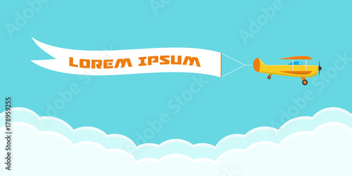 Flying advertising banner, pulled by light aircraft with - stock vector