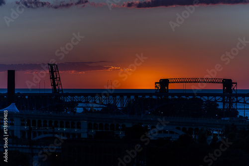 Sunset / Twilight View - Cuyahoga River Bridges and Lake Erie in Cleveland, Ohio