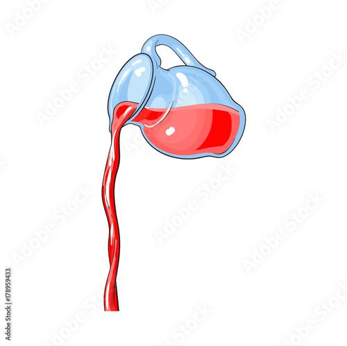 vector red fresh juice carafe, pitcher with flowing juice. Isolated cartoon illustration on a white backround. Kitchen glassware utensil