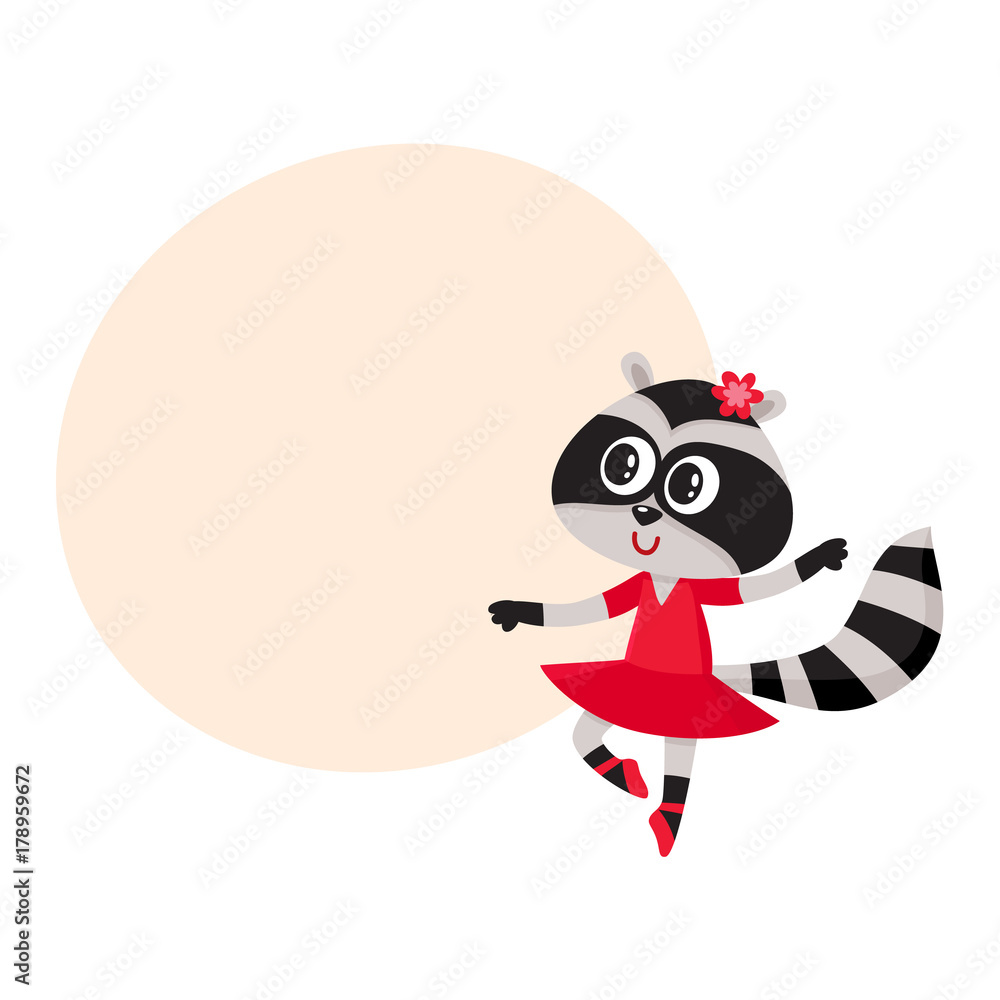 Cute little raccoon character, ballet dancer in pointed shoes and tutu skirt, cartoon vector illustration with space for text. Little raccoon baby animal, ballet dancer, ballerina in tutu Cute little raccoon character, ballet dancer in pointed shoes and tutu skirt, cartoon vector illustration with space for text. Little raccoon baby animal, ballet dancer, ballerina in tutu