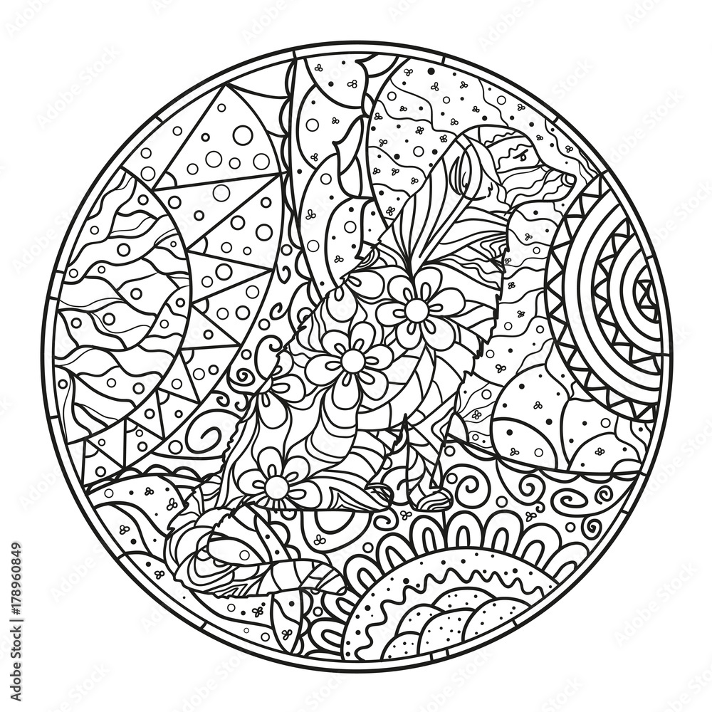 Dog. Circle mandala. Hand drawn dog with abstract patterns on isolation background. Design for spiritual relaxation for adults. Black and white illustration for coloring. Design Zentangle. Zen art