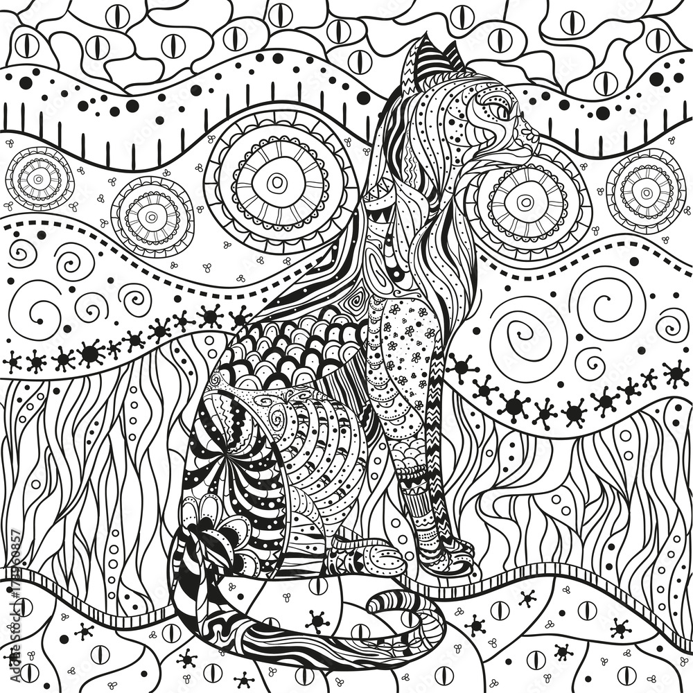 Cat. Mandala. Eastern pattern. Hand drawn circle zendala with abstract patterns on isolation background. Design for spiritual relaxation for adults. Black and white illustration for coloring. Zen art Cat. Mandala. Eastern pattern. Hand drawn circle zendala with abstract patterns on isolation background. Design for spiritual relaxation for adults. Black and white illustration for coloring. Zen art
