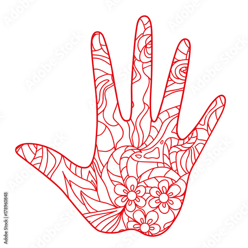 Hand. Hand drawn element with abstract patterns on isolation background. Design for spiritual relaxation for adults. Line art creation photo