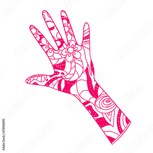 Arm. Hand drawn element with abstract patterns on isolation background. Design for spiritual relaxation for adults. Line art creation. Outline for tattoo, printing on t-shirts, posters and other photo