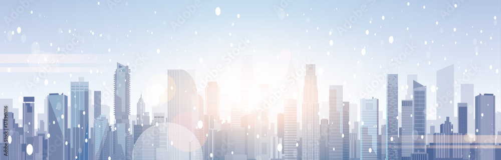 Beautiful Winter City Landscape Skyscraper Buildings In Snow Merry Christmas And Happy New Year Background Flat Vector Illustration