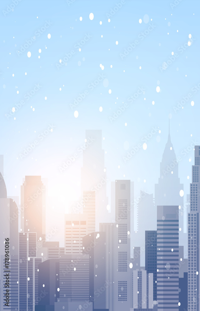 Beautiful Winter City Landscape Skyscraper Buildings In Snow Merry Christmas And Happy New Year Background Vertical Banner Flat Vector Illustration