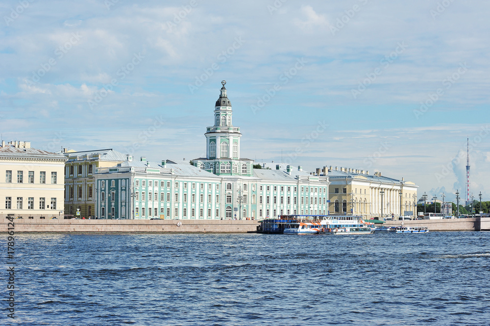 The Kunstkamera Museum in Saint-Petersburg on the University embankment of the Neva river