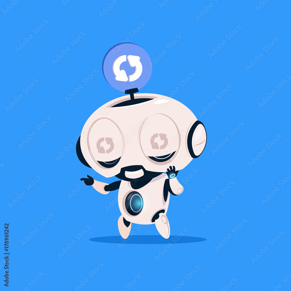 Cute Robot Updating Software Isolated Icon On Blue Background Modern Technology Artificial Intelligence Concept Flat Vector Illustration Cute Robot Updating Software Isolated Icon On Blue Background Modern Technology Artificial Intelligence Concept Flat Vector Illustration