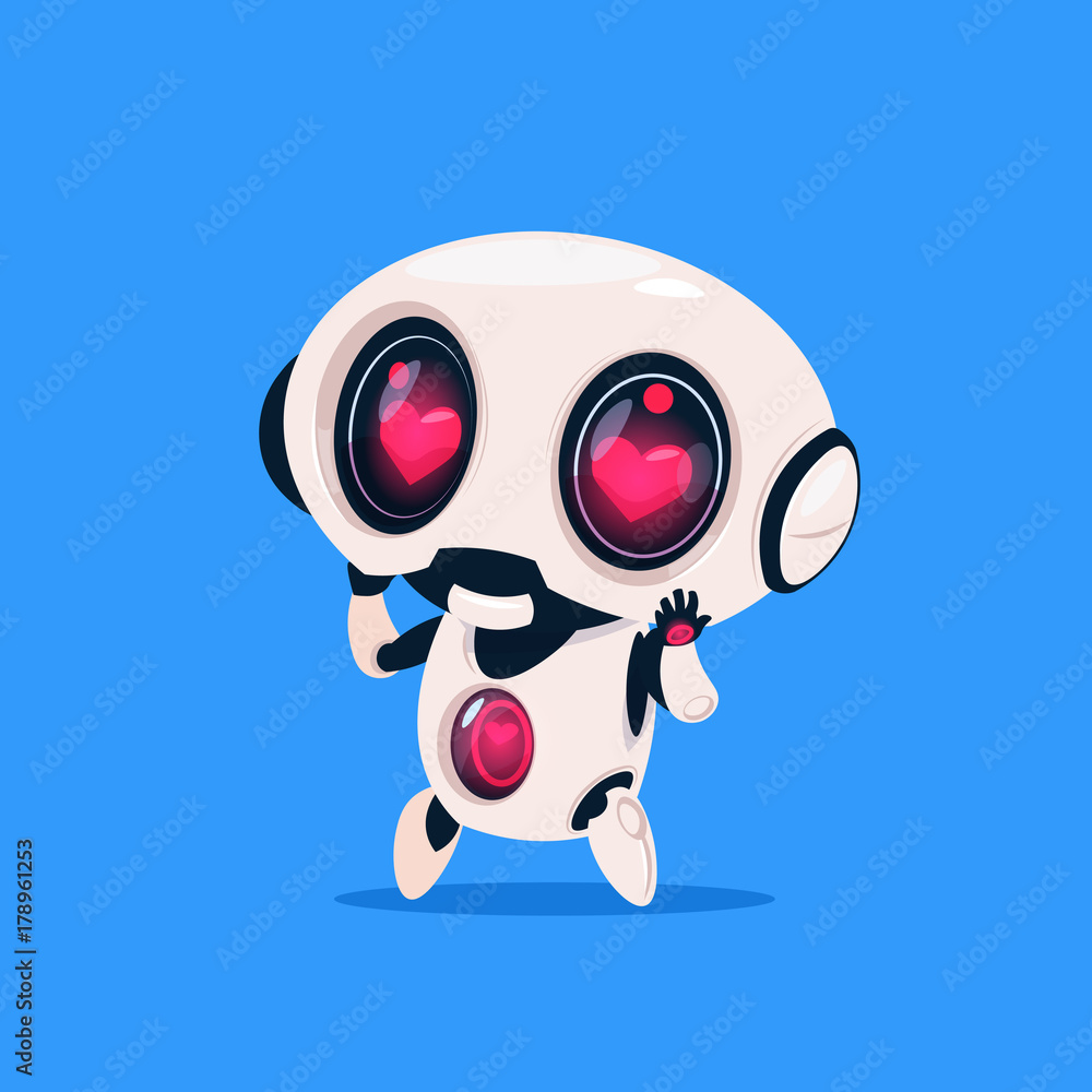 Cute Robot With Heart Shape Eyes Isolated Icon On Blue Background Modern Technology Artificial Intelligence Concept Flat Vector Illustration Cute Robot With Heart Shape Eyes Isolated Icon On Blue Background Modern Technology Artificial Intelligence Concept Flat Vector Illustration